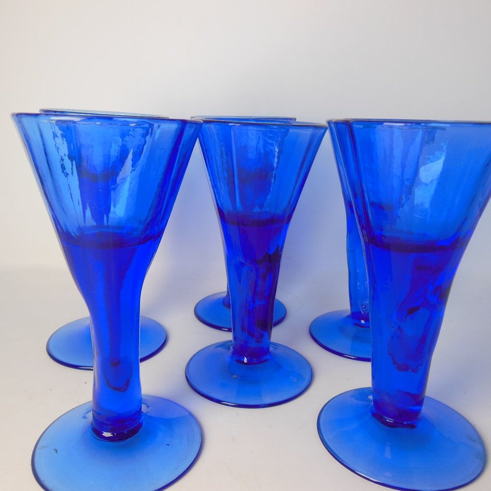 Hand blown glass, 6  Cobalt Blue long stem Cordials,  small Toasting glasses